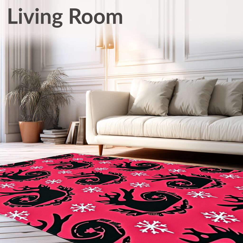 Vibrant Pink Black Reindeer Snowflakes Rug