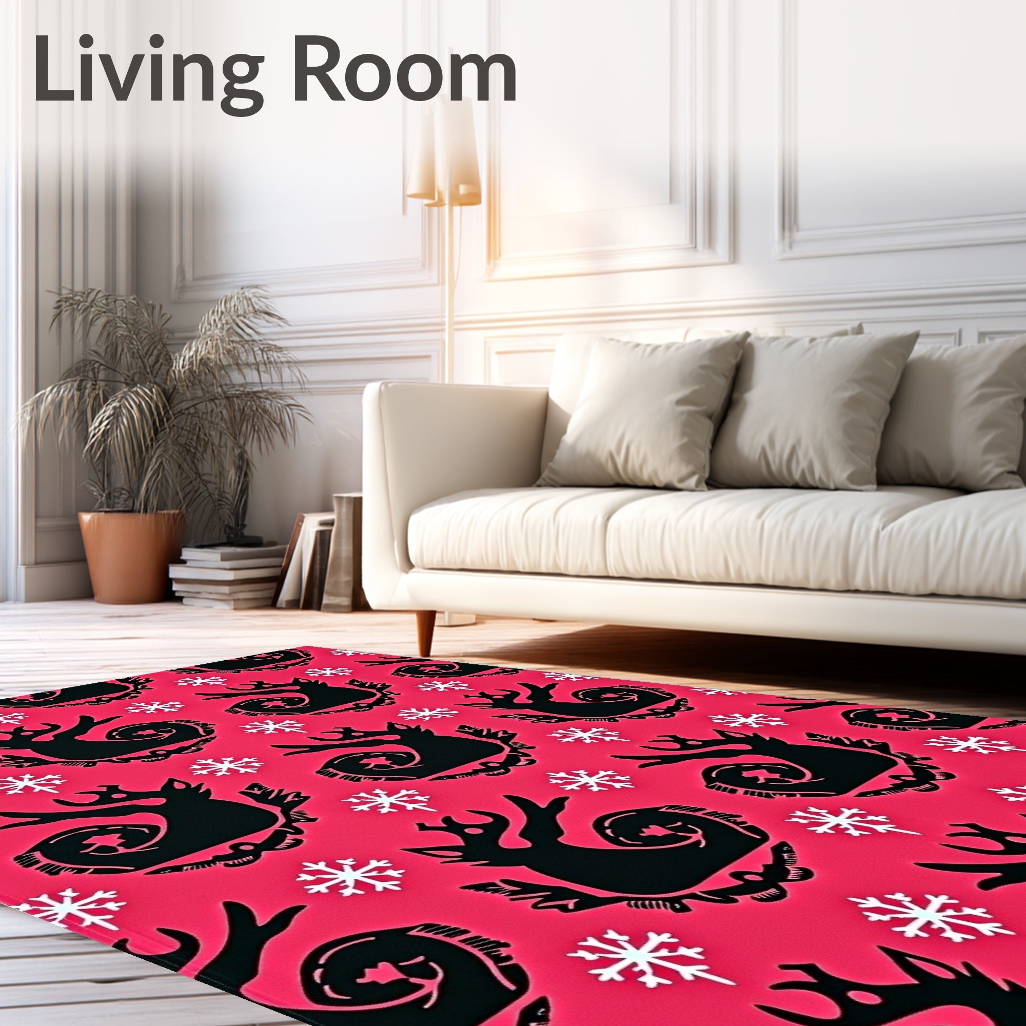 Vibrant Pink Black Reindeer Snowflakes Rug