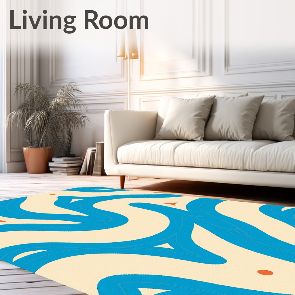 Azure Blue Wavy Forms With Orange Accents Rug