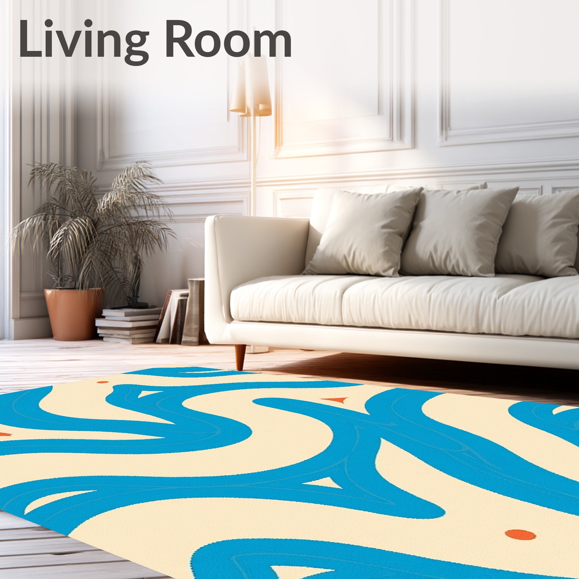 Azure Blue Wavy Forms With Orange Accents Rug