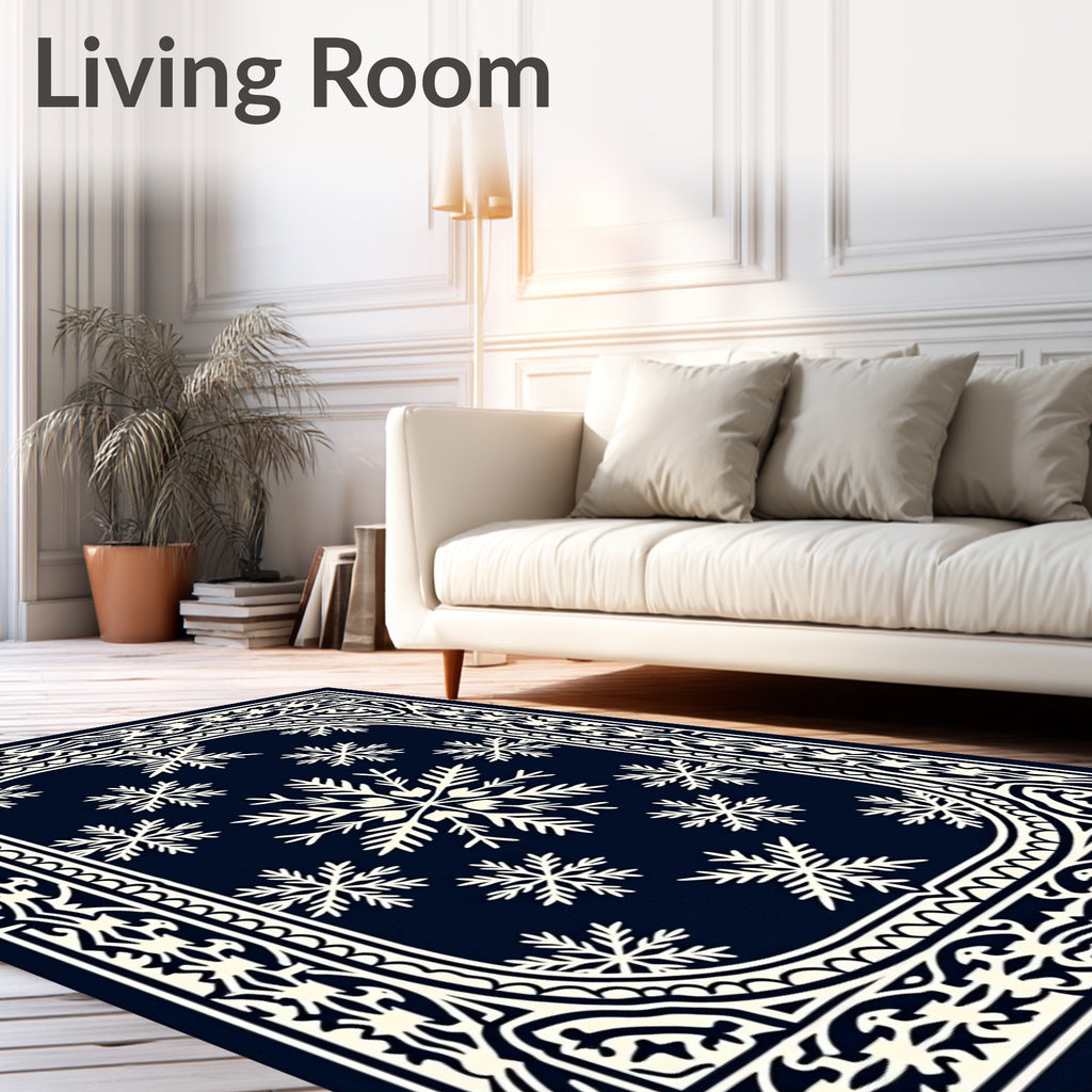 Dark Blue Snowflake Bordered Rug