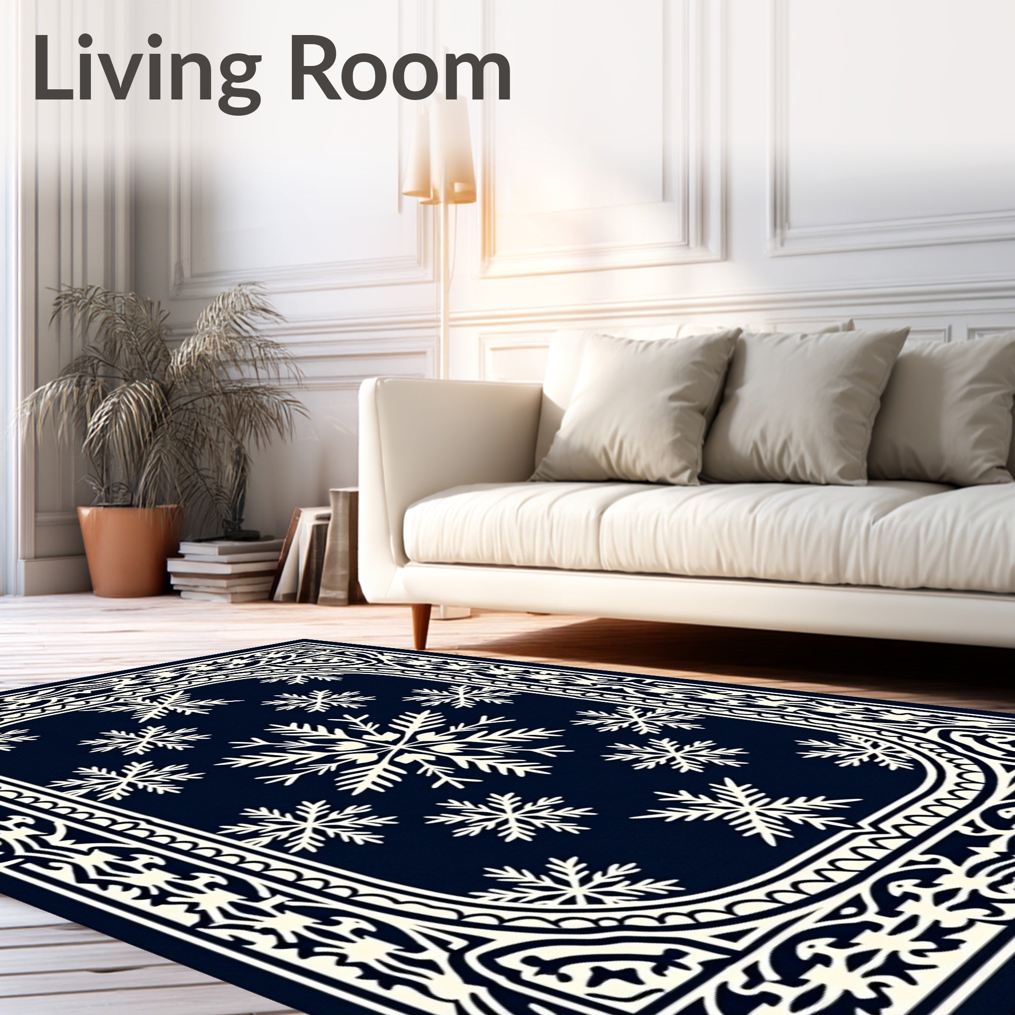 Dark Blue Snowflake Bordered Rug