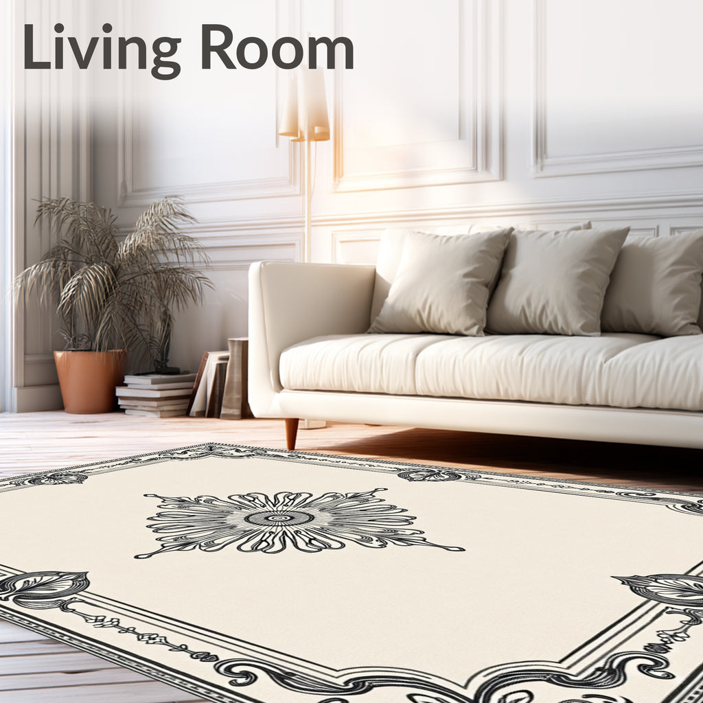 Elaborate Black Cream Floral Frame Rug