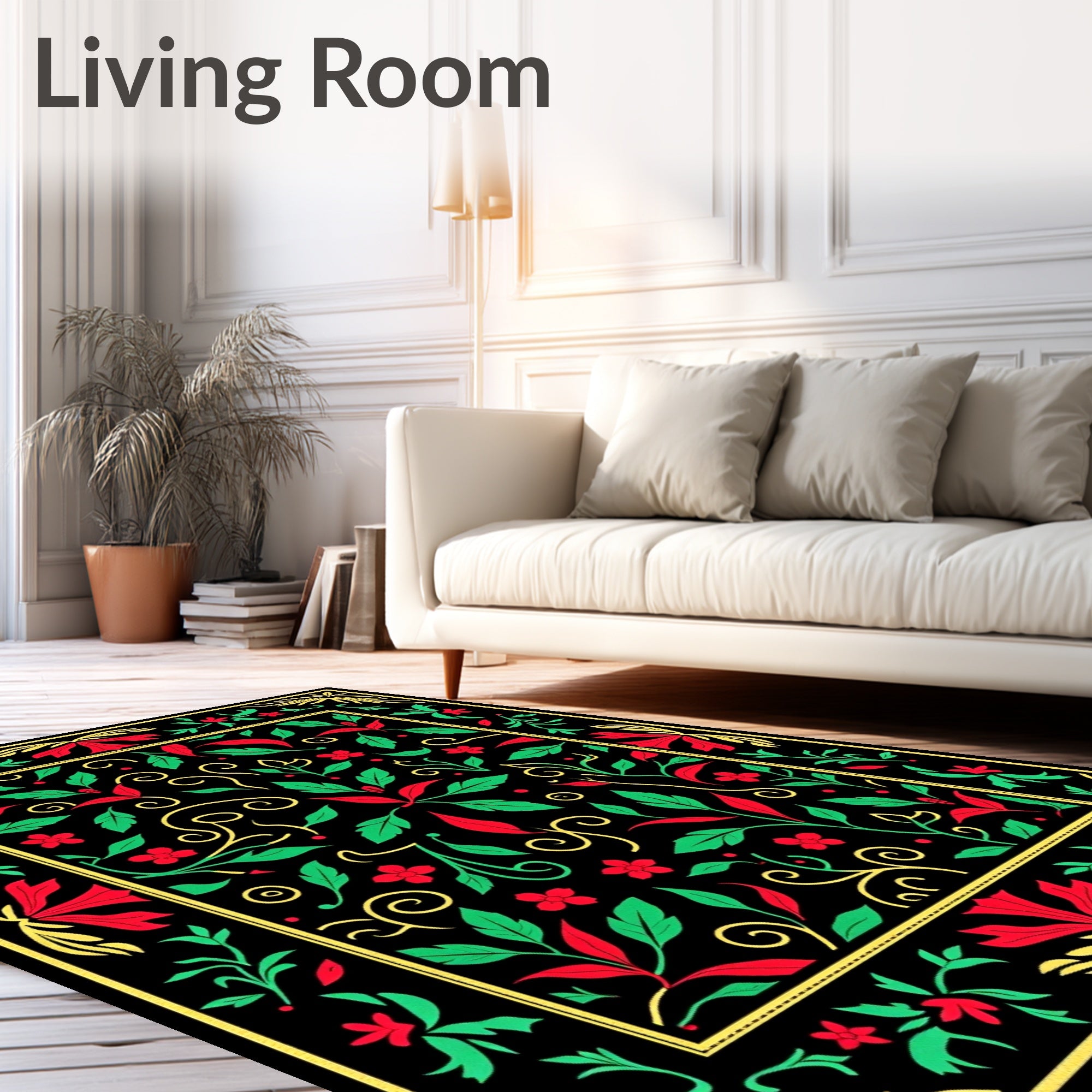 Black Red Green Floral Scroll Rug