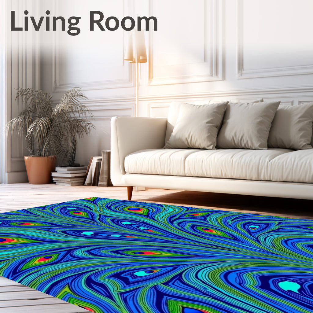 Vibrant Blue Emerald Peacock Feather Rug