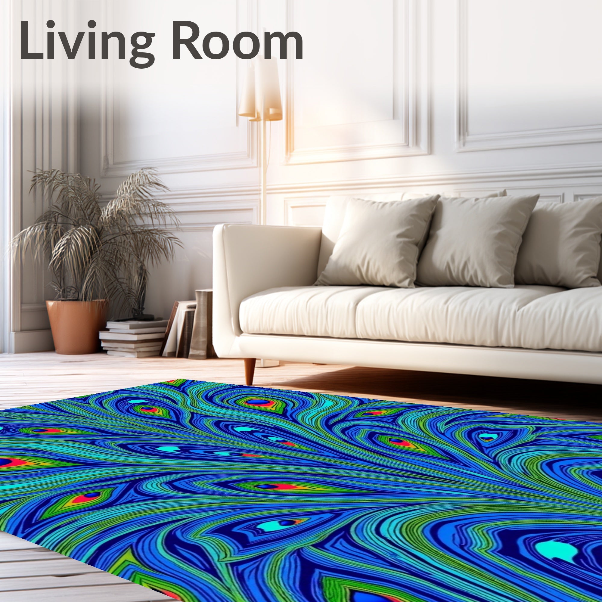Vibrant Blue Emerald Peacock Feather Rug