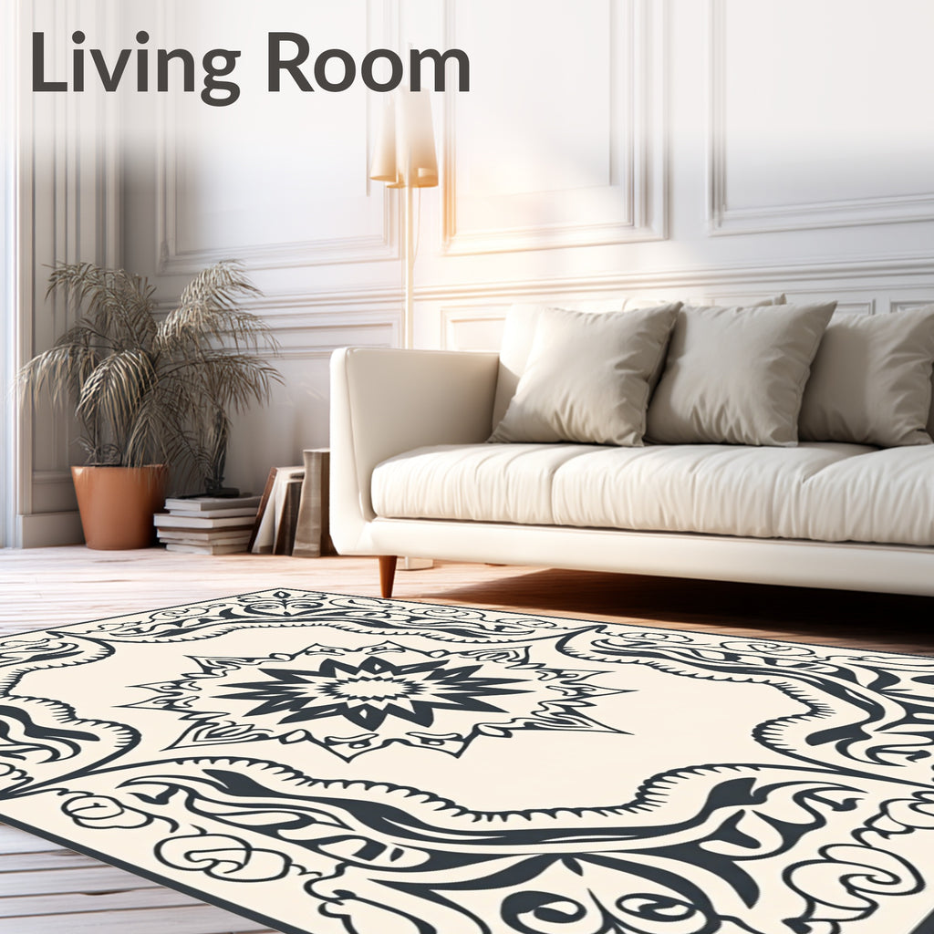 Elegant Ivory Black Floral Medallion Rug