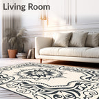 Elegant Ivory Black Floral Medallion Rug