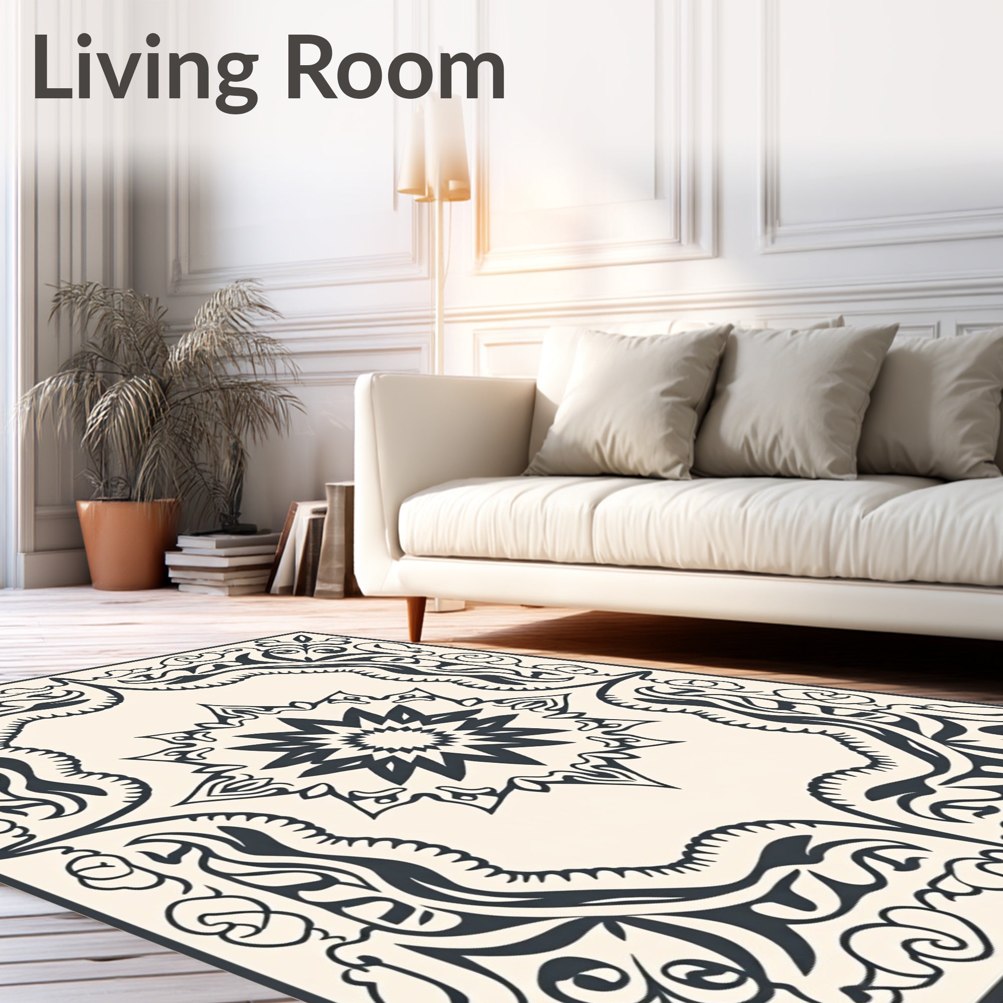 Elegant Ivory Black Floral Medallion Rug