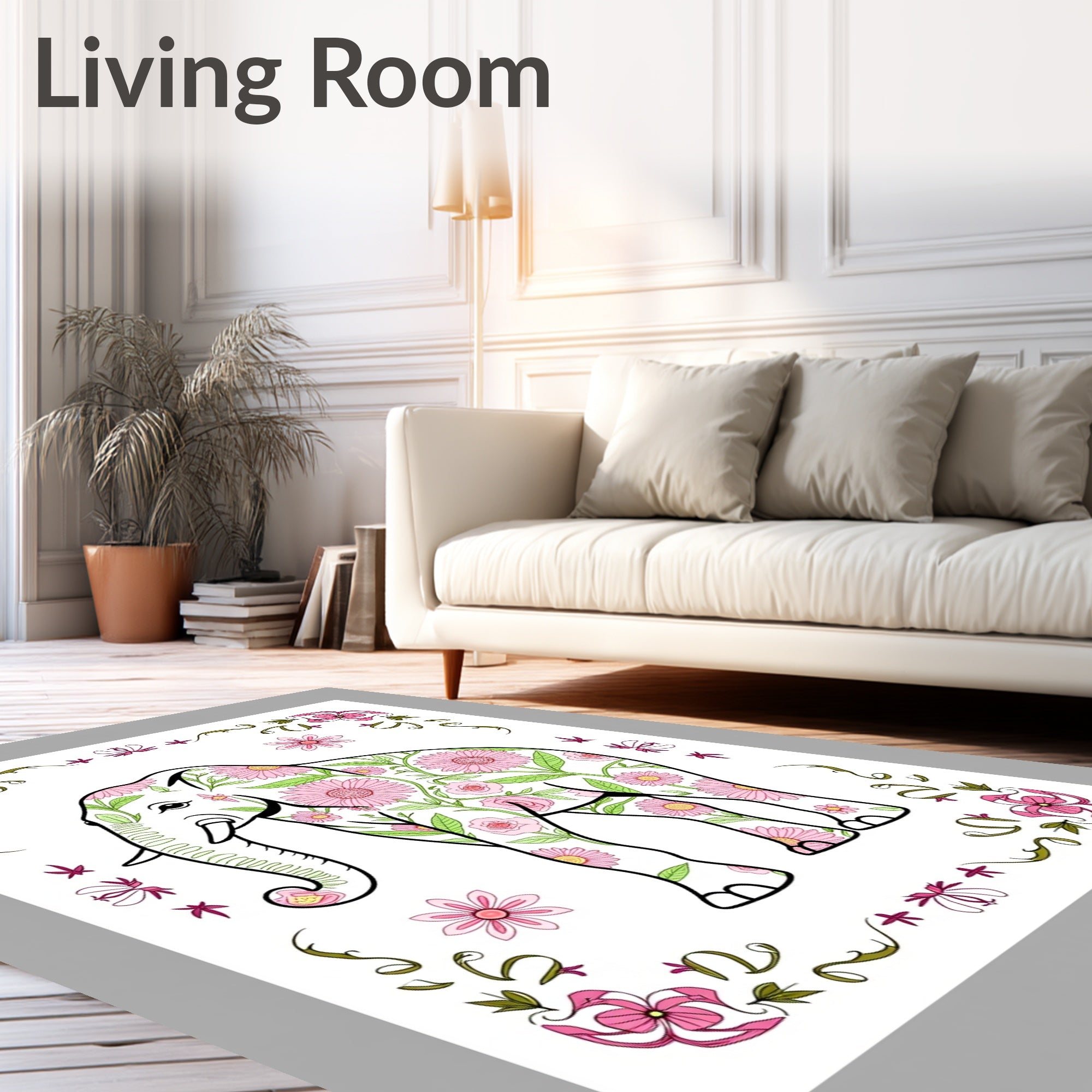 Pink Floral Elephant Whimsical Garden Rug