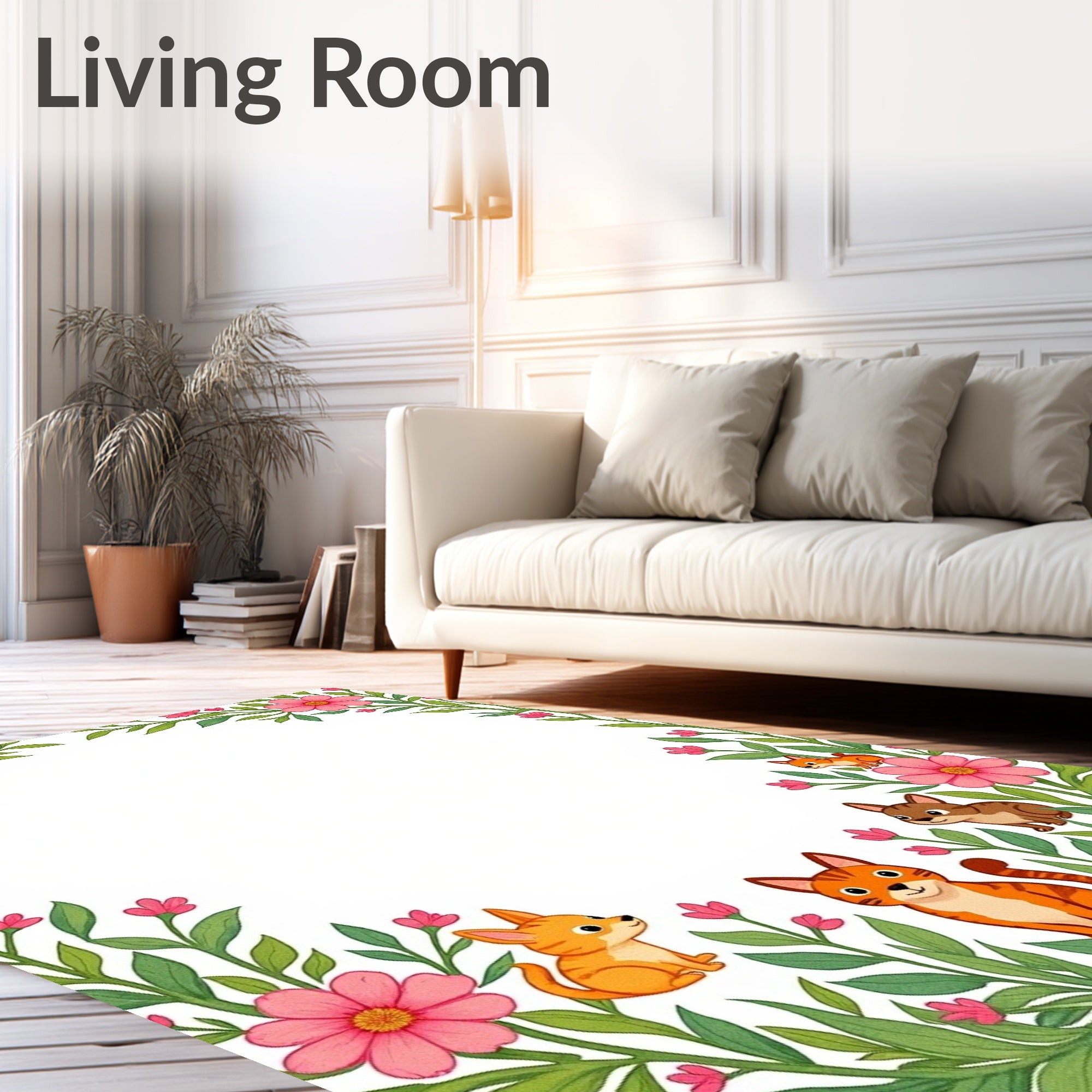 Pink Floral Garden Cats and Puppies Rug