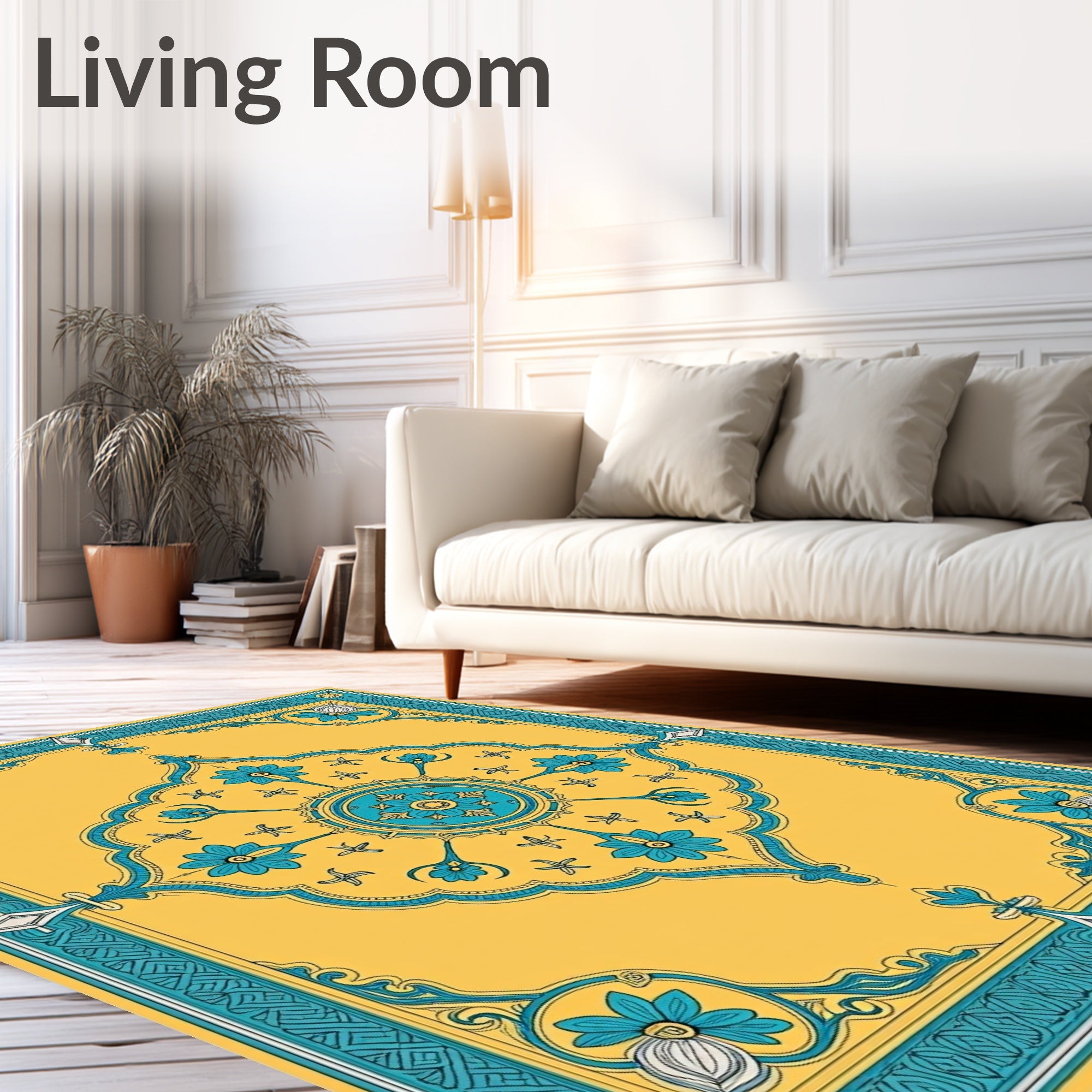 Golden Teal Floral Medallion Border Rug