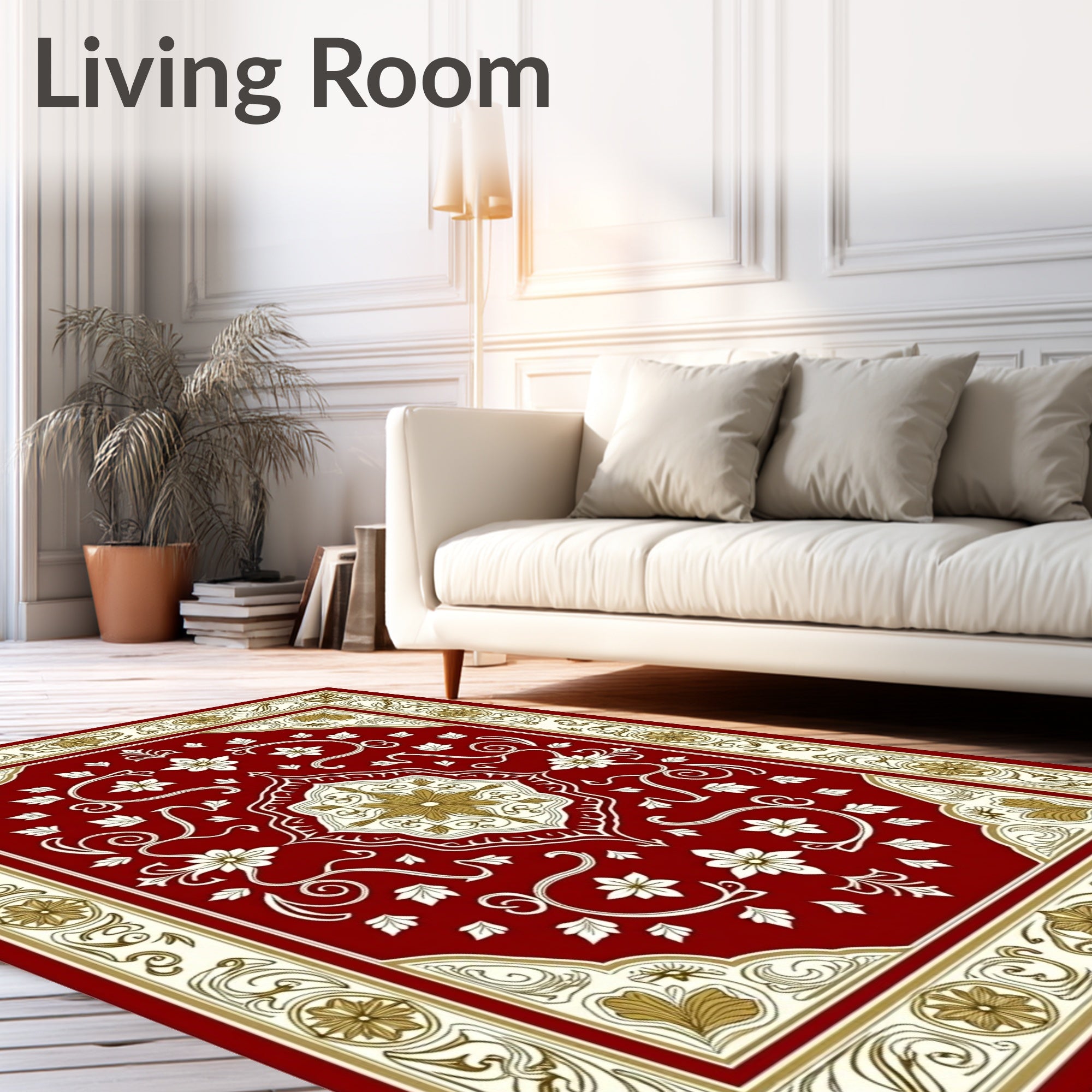 Rich Red Golden Floral Medallion Border Rug