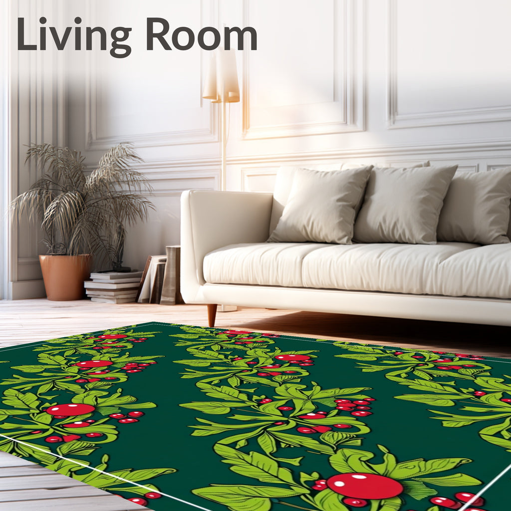 Dark Green Red Berry Leaf Garland Rug