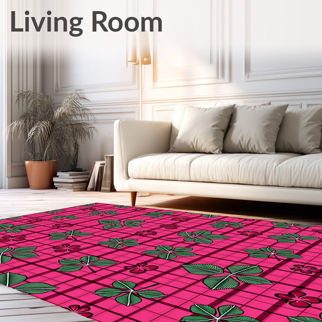 Pink Plaid Green Leaf Floral Rug