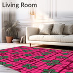 Pink Plaid Green Leaf Floral Rug