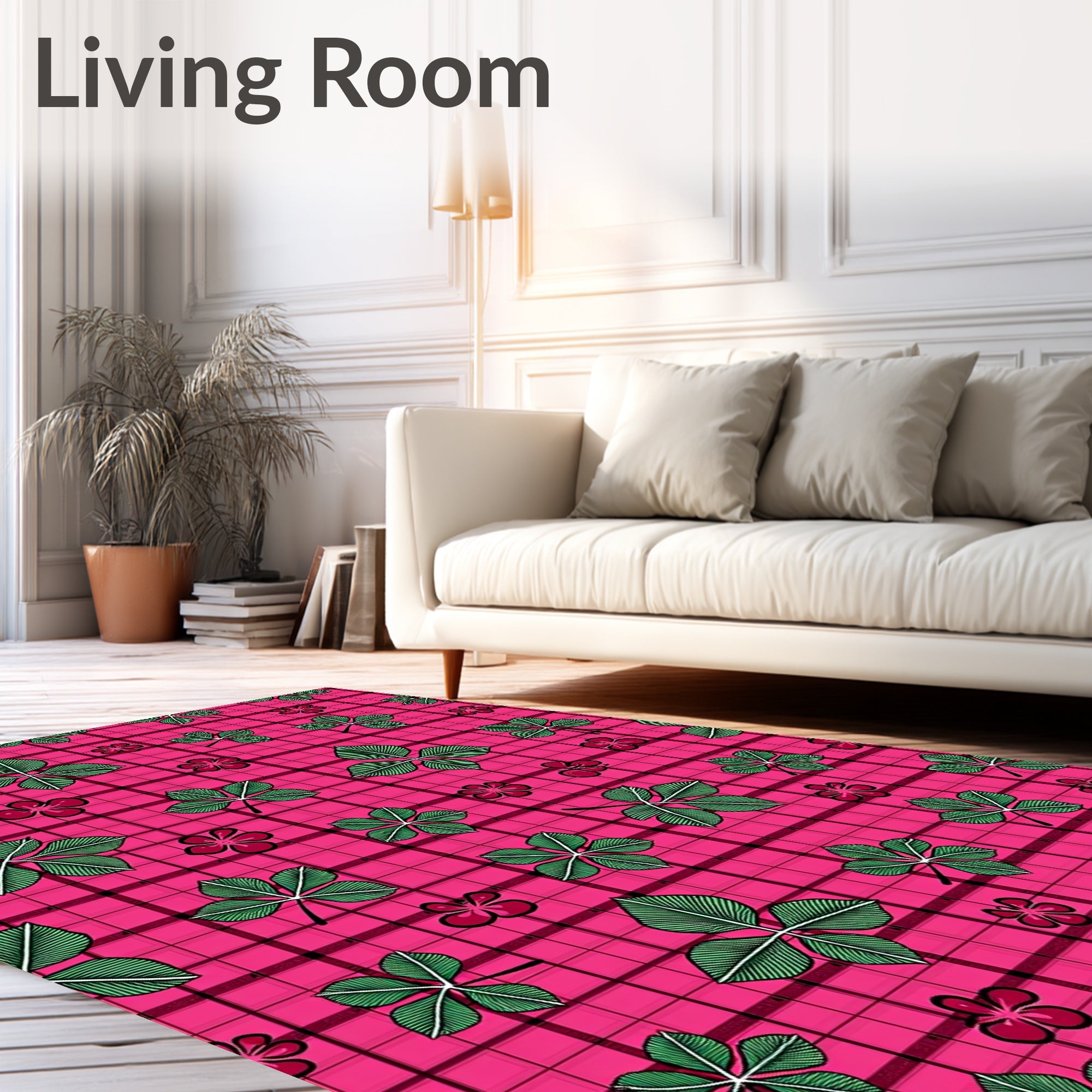 Pink Plaid Green Leaf Floral Rug