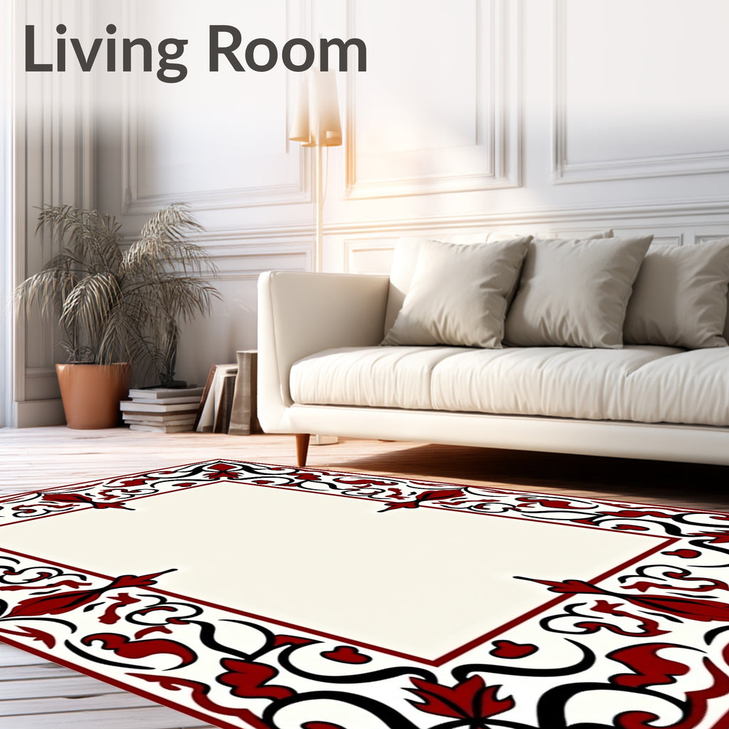 Crimson Floral Bordered Frame Rug