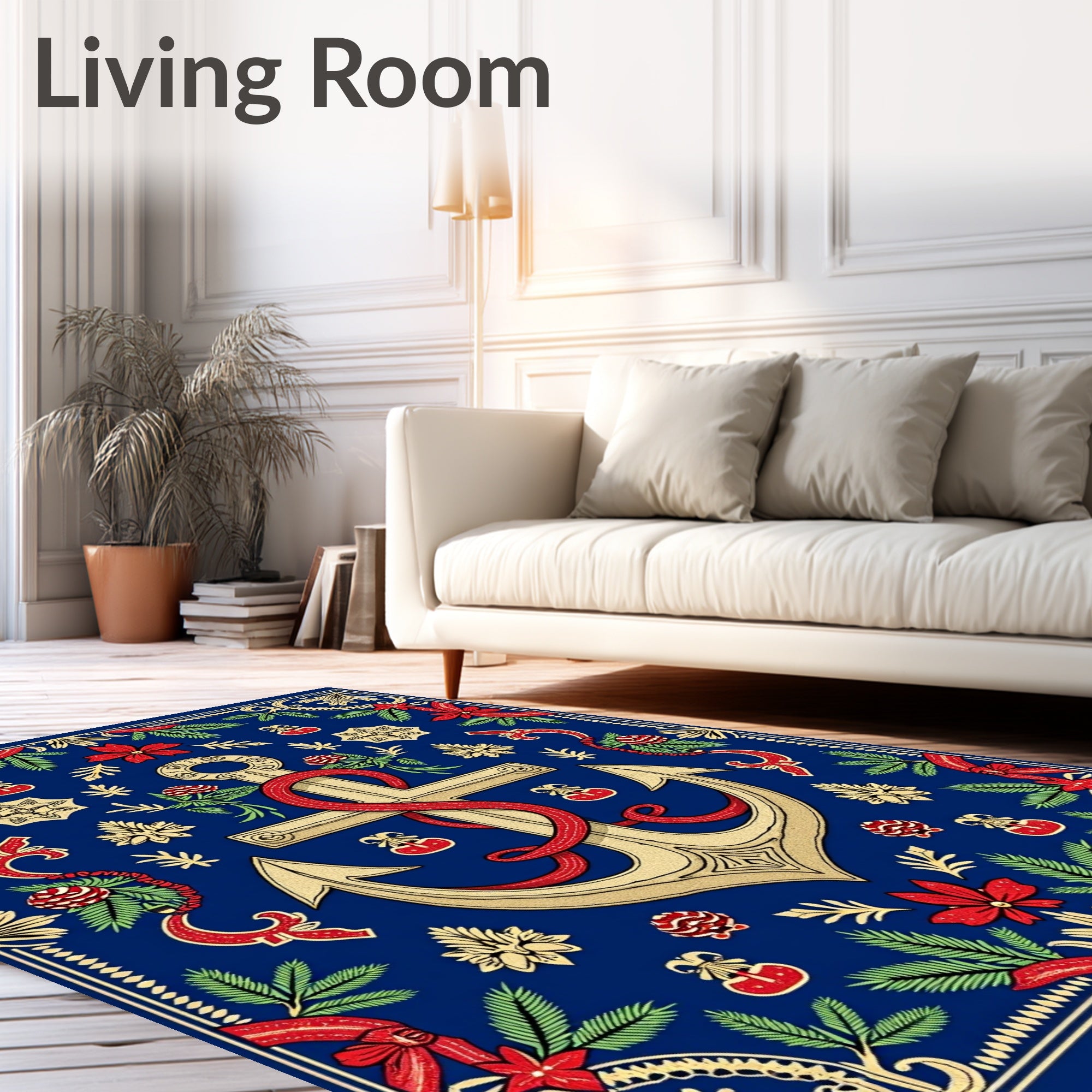 Naval Gold Anchor Red Ribbon Foliage Rug