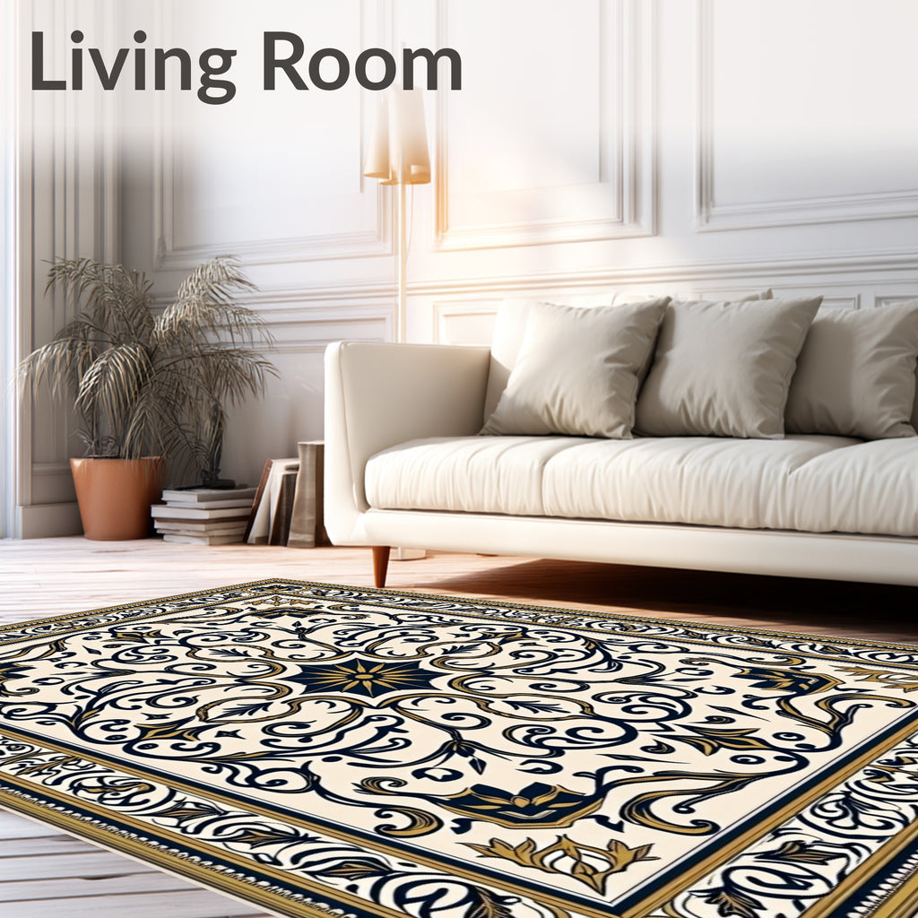 Cream Navy Gold Ornate Floral Medallion Rug