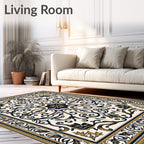 Cream Navy Gold Ornate Floral Medallion Rug