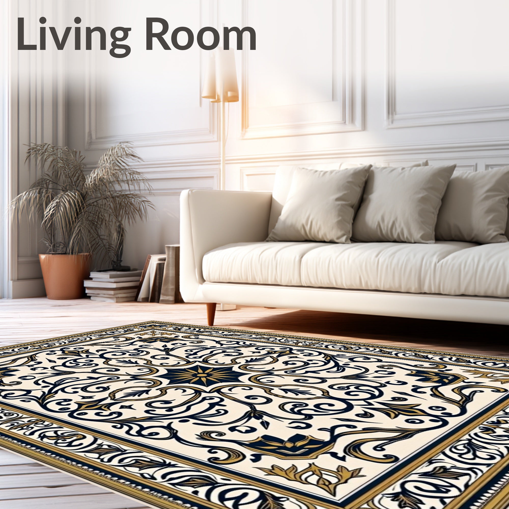 Cream Navy Gold Ornate Floral Medallion Rug
