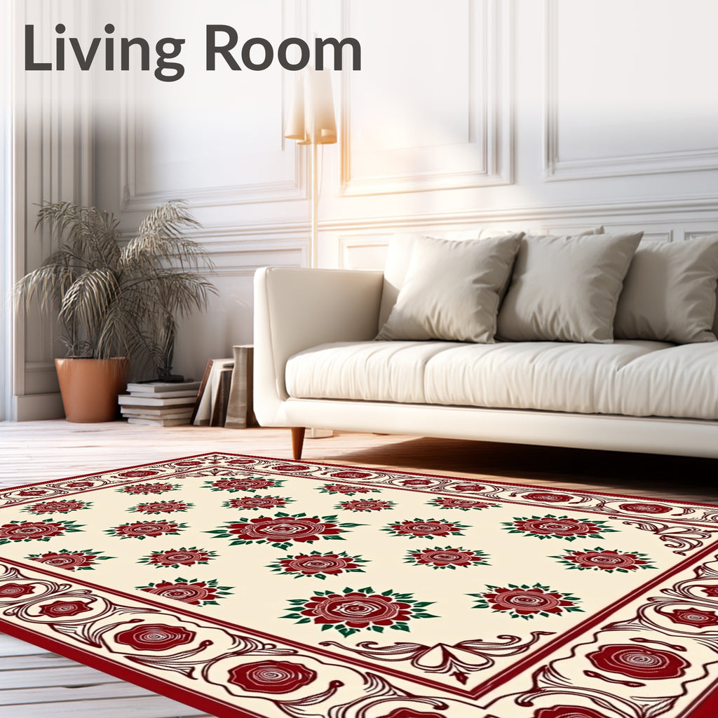 Crimson Rose Floral Cream Border Rug