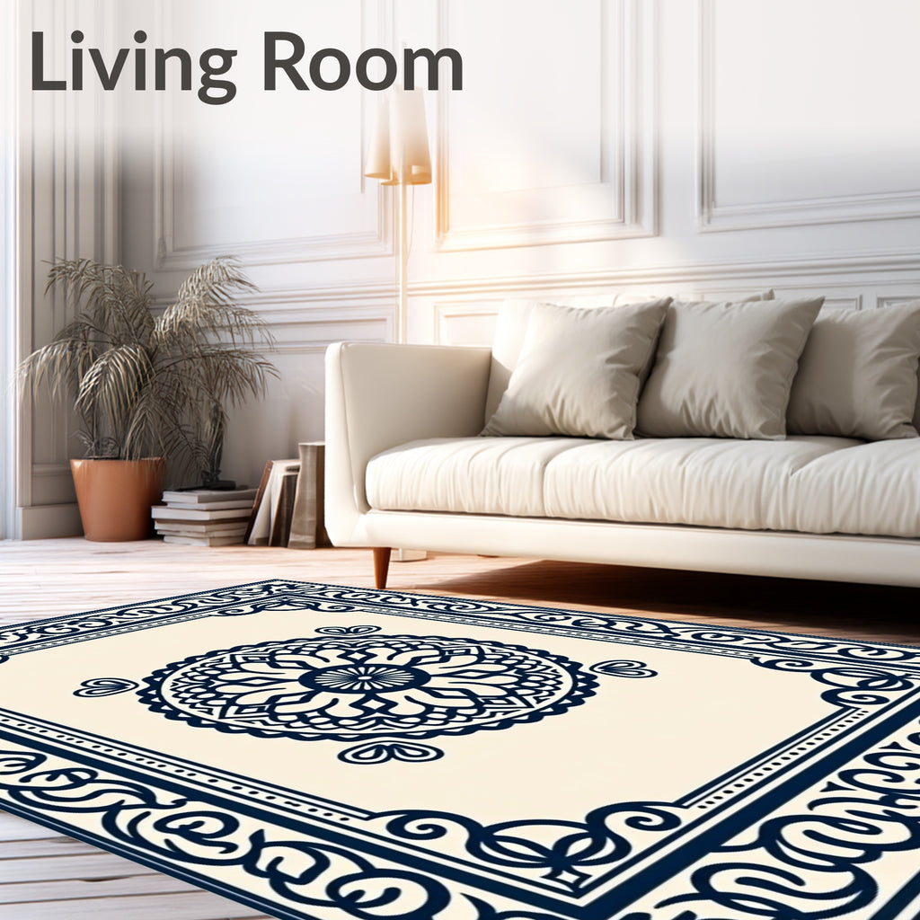 Elegant Navy Floral Mandala Cream Rug