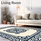 Elegant Navy Floral Mandala Cream Rug