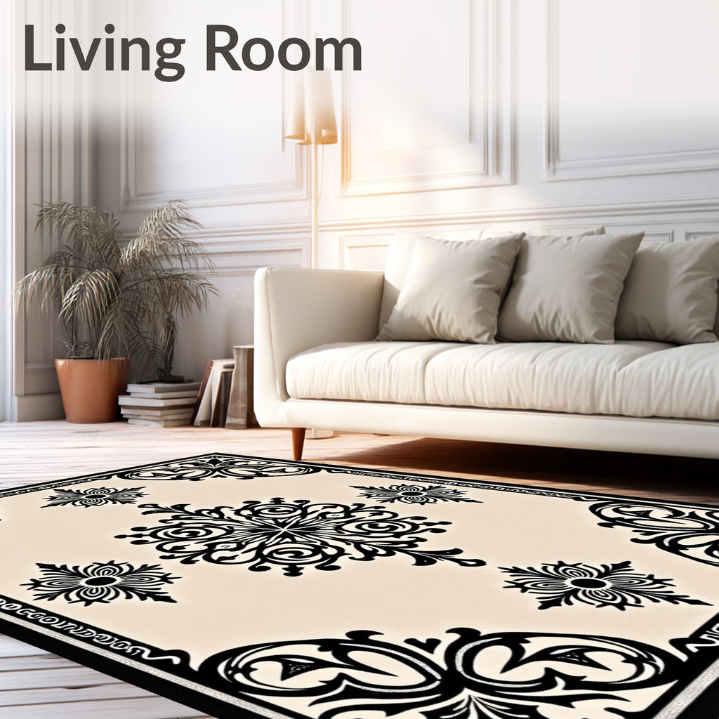 Ornate Black Cream Scrollwork Medallion Rug