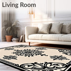 Ornate Black Cream Scrollwork Medallion Rug