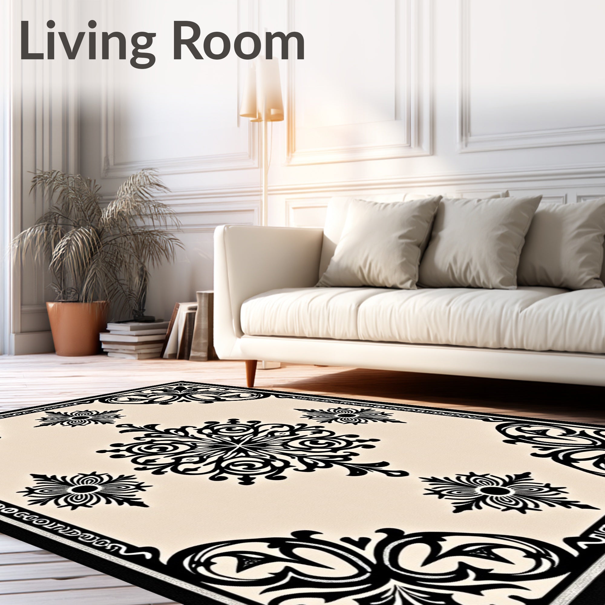 Ornate Black Cream Scrollwork Medallion Rug