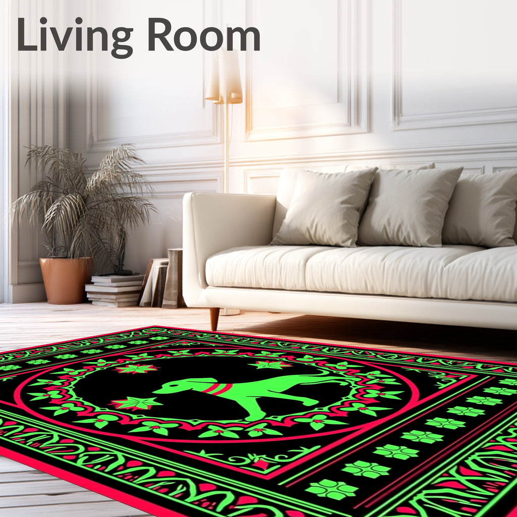 Neon Green Dog Floral Medallion Art Rug