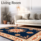 Navy Blue Floral Medallion Cream Border Rug