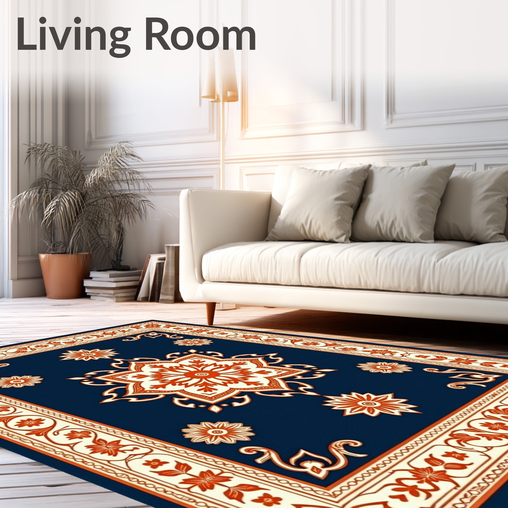 Navy Blue Floral Medallion Cream Border Rug
