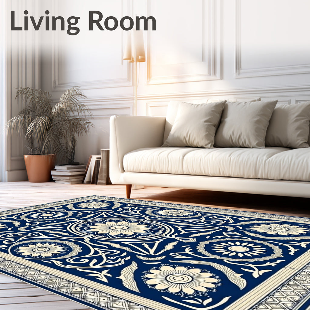 Navy Cream Ornate Botanical Frame Rug