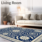 Navy Cream Ornate Botanical Frame Rug
