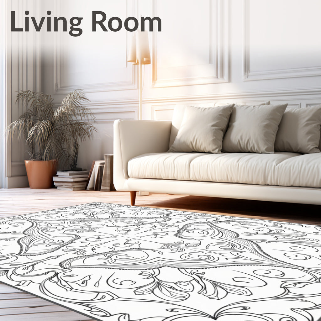 Ornate Black Scrollwork Floral Medallion Rug