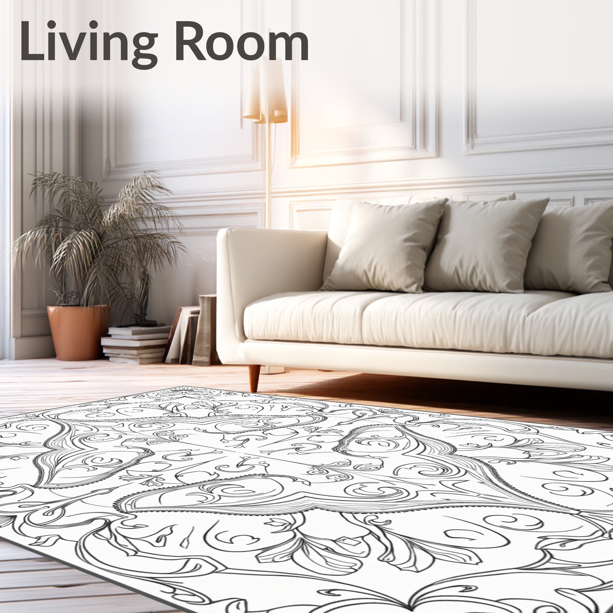 Ornate Black Scrollwork Floral Medallion Rug