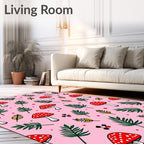 Whimsical Red Mushroom Fern Pink Rug