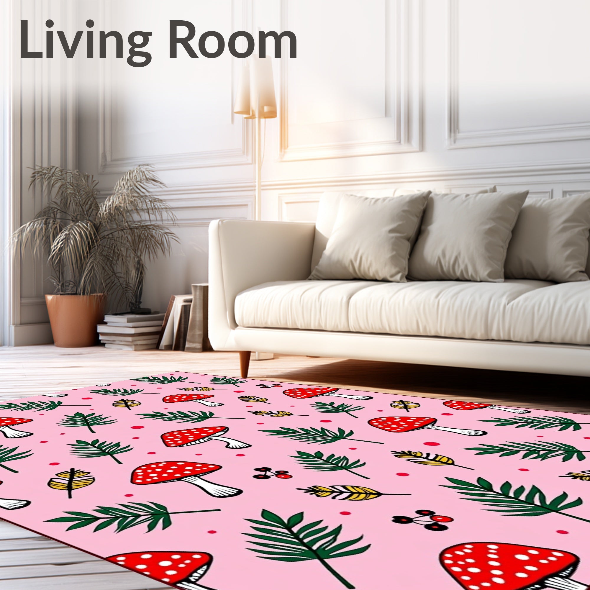 Whimsical Red Mushroom Fern Pink Rug