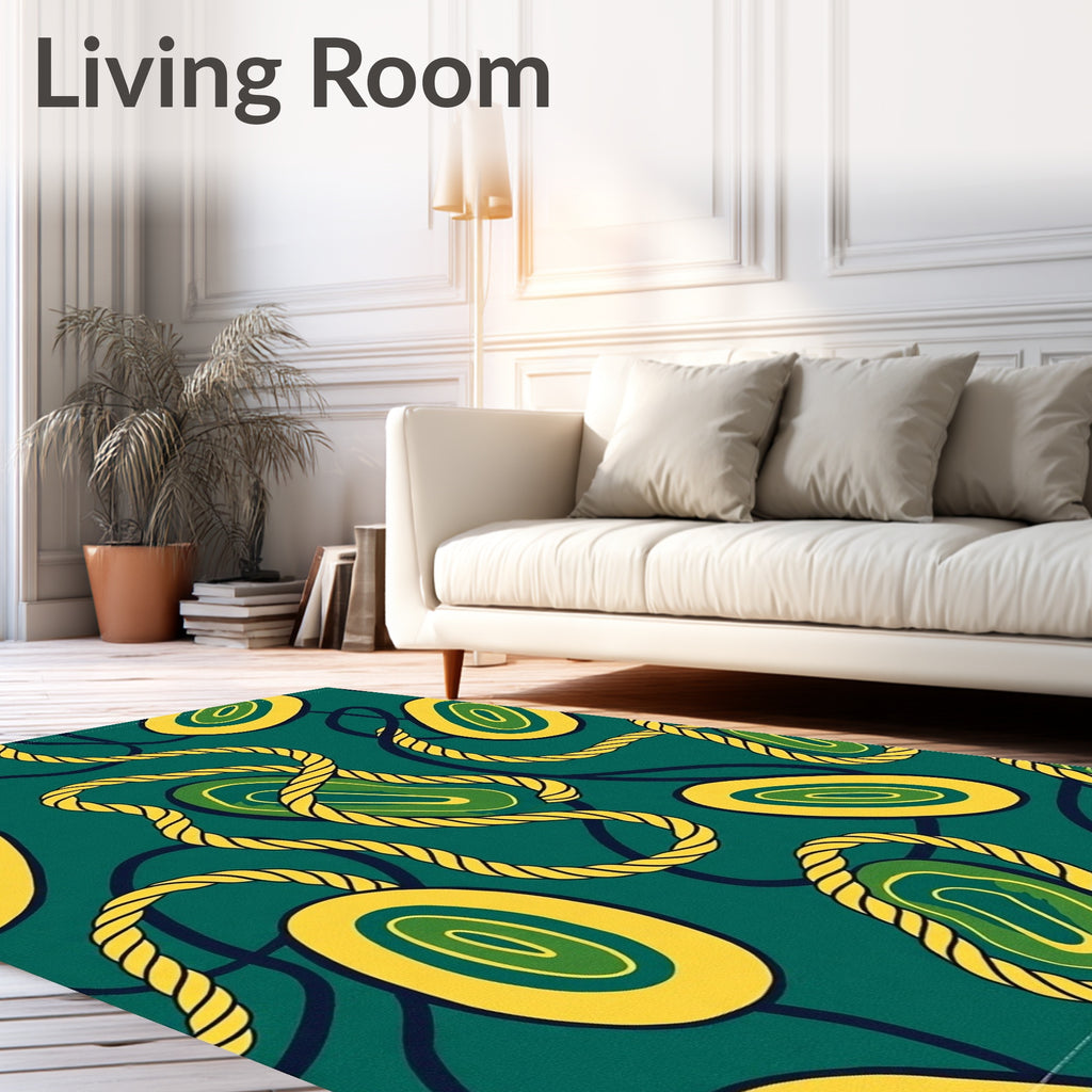 Teal Yellow Braided Cord Abstract Oval Rug