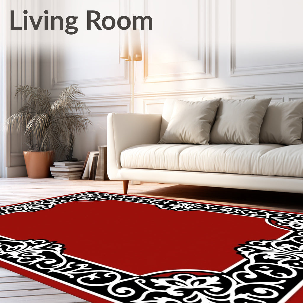 Rich Crimson White Floral Border Rug