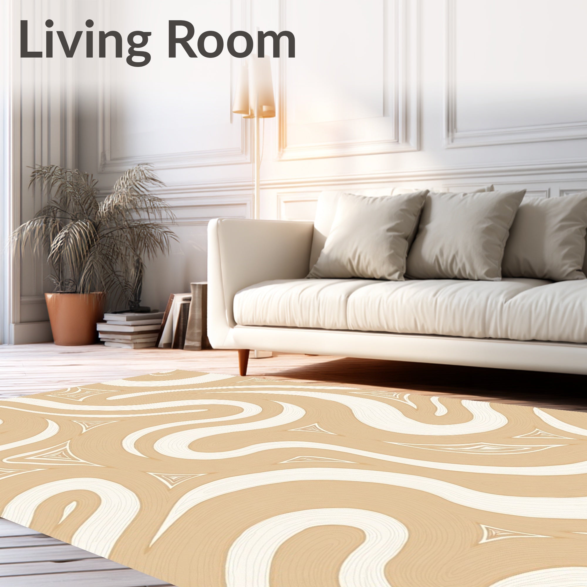 Sandy Beige Swirling Lines Triangles Rug