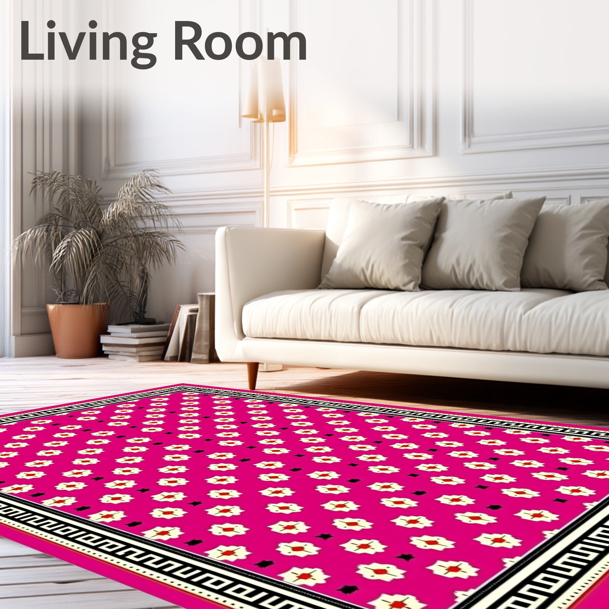 Pink Floral With Black Greek Border Rug