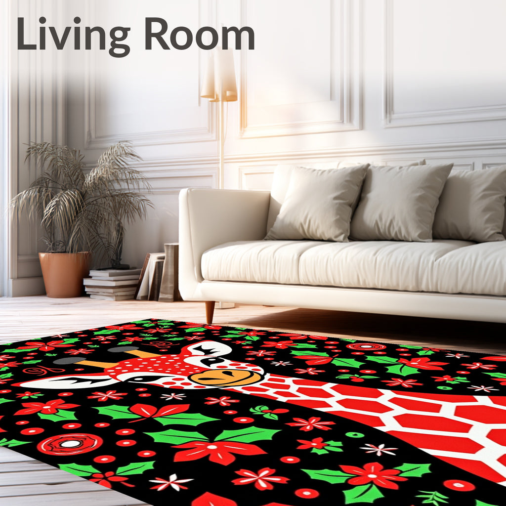Red Giraffe Poinsettia Holly Christmas Rug