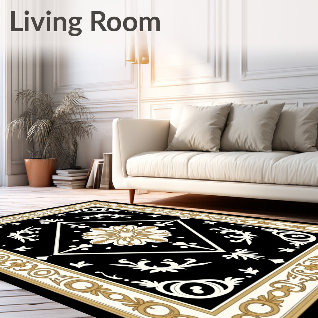 Black Gold Ivory Floral Diamond Rug