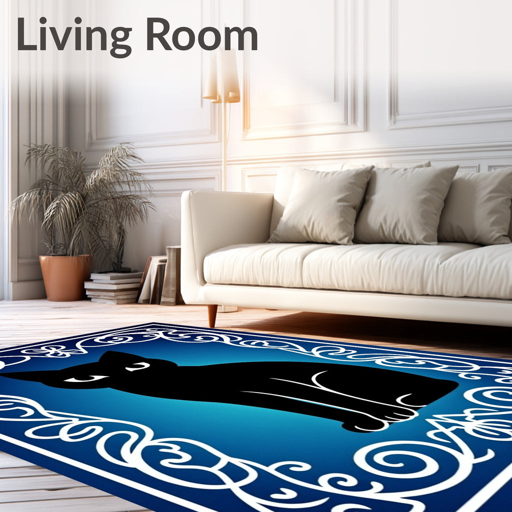 Mysterious Black Cat Blue Gradient Frame Rug