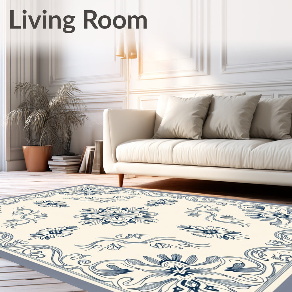 Navy Blue Floral Scroll Border Rug