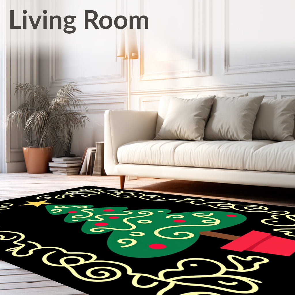 Festive Green Christmas Tree Floral Border Rug